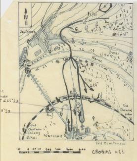 Croquis militaire montrant l’avancée des troupes allemandes dans le village de Varennes et ses abords, le 11 juin 1940