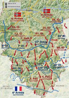 Carte de la progression du front allemand et français dans le sud de l’Aisne en juin 1940, autour de Soissons et Château-Thierry