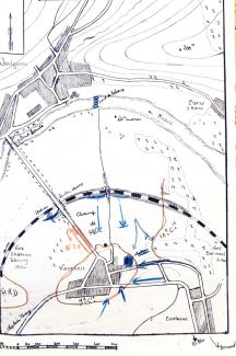 Carte manuscrite de la tentative d’attaque du 47e régiment d’infanterie à Varennes et Jaulgonne, le 10 juin 1940
