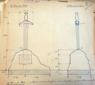 Dessin préparatoire du monument commémoratif de Leuilly avec épée, plan et élévations annotées