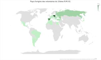 Carte des pays d’origine des volontaires du 23e RMVE engagés en 1940, montrant une forte diversité internationale
