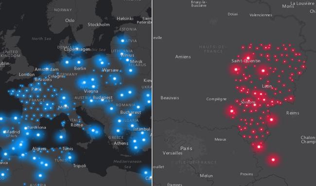 Carte de localisation des lieux de décès et naissance des combattants tombés en mai 1940 dans l'Aisne