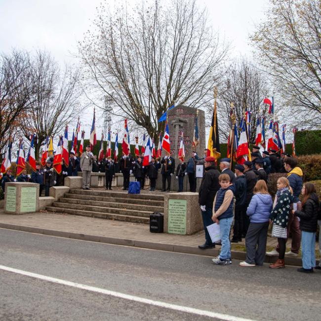 cérémonie avec des porte-drapeaux et du public devant un monument aux morts 